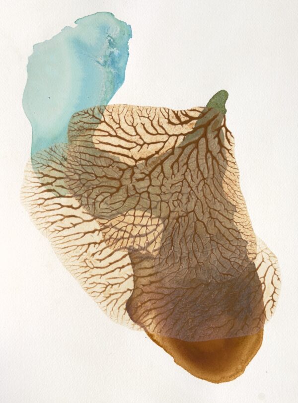 Copper pigment and rust from objects found on West Runton beach on Arches paper with collage of Japanese tissue with Runton orange earth sprinkled onto acrylic medium.